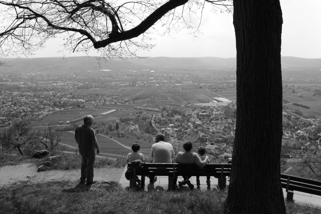 Ausblick von einem Weinberg ins Tal. Gruppe von Personen auf einer Bank. Ein Mann daneben stehend. Eingerahmt von einem Baum. 